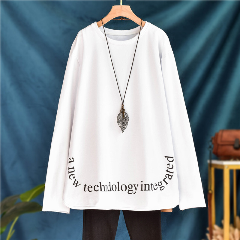 冬季纯棉字母印花加绒加厚宽松中长款破洞长袖T恤女内搭打底衫潮