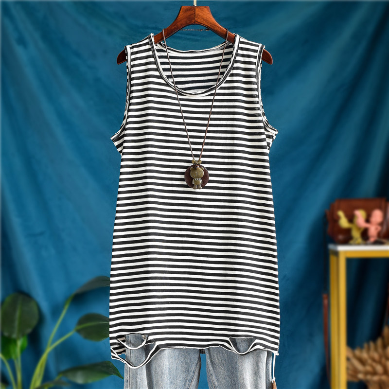 长款破洞条纹背心女内搭无袖竹节棉宽松卫衣外叠穿春秋吊带打底衫