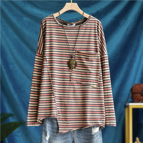 纯棉条纹长袖T恤宽松打底衫上衣