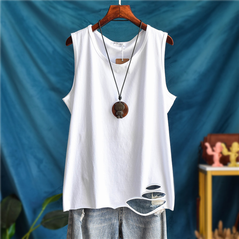宽松运动休闲无袖t恤纯棉内搭破洞背心女夏外穿坎肩打底汗衫吊带