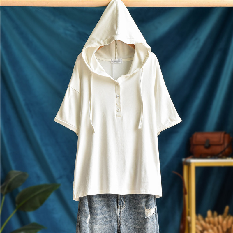 宽松连帽短袖T恤女纯色上衣春夏体恤纯色运动卫衣显瘦半袖帽衫潮
