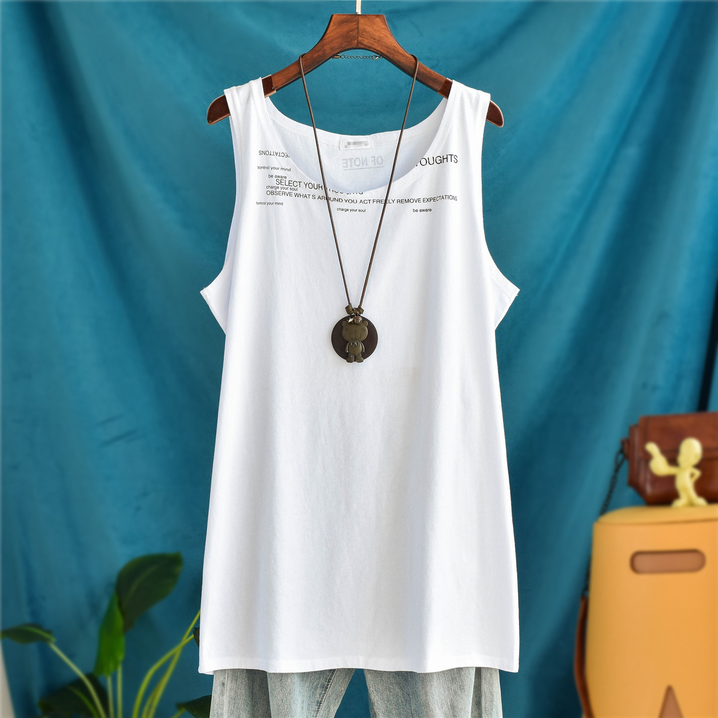 中长款纯棉字母印花背心女外穿无袖叠穿吊带内搭宽松大码打底衫潮