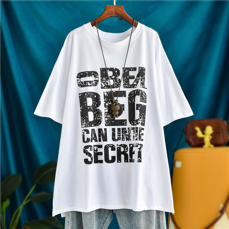 遮屁股中长款字母印花宽松特大码短袖T恤女加肥加大胖妹夏装上衣