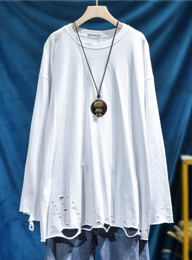 纯白色中长款大T恤女2020秋装韩版宽松百搭打底衫破洞长袖上衣