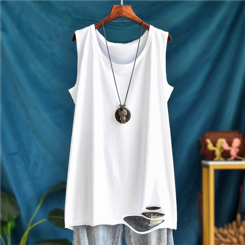 宽松大码纯棉内搭中长款破洞背心女卫衣外叠穿无袖吊带春秋打底衫
