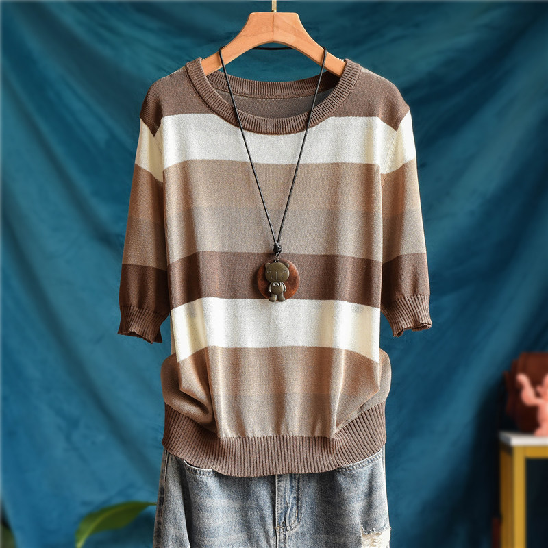 文艺时尚撞色亚麻条纹套头针织短袖T恤螺纹锁边圆领半袖上衣女薄