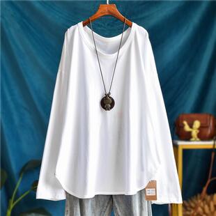 纯棉慵懒风宽松大码白色U领中长款长袖大T恤破洞春秋打底叠穿上衣