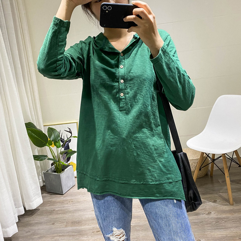 秋季新款宽松大码纯竹节棉连帽长袖T恤女打底帽衫套头纯色上衣潮T