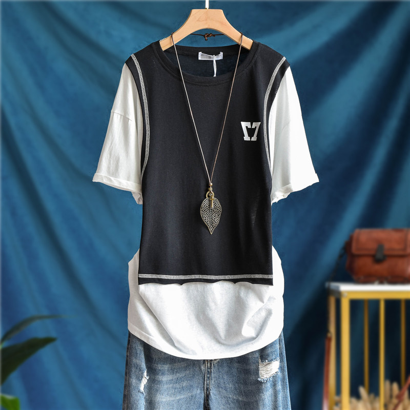 韩版休闲黑白撞色假两件短袖T恤女夏季宽松大码印花中长款上衣潮t