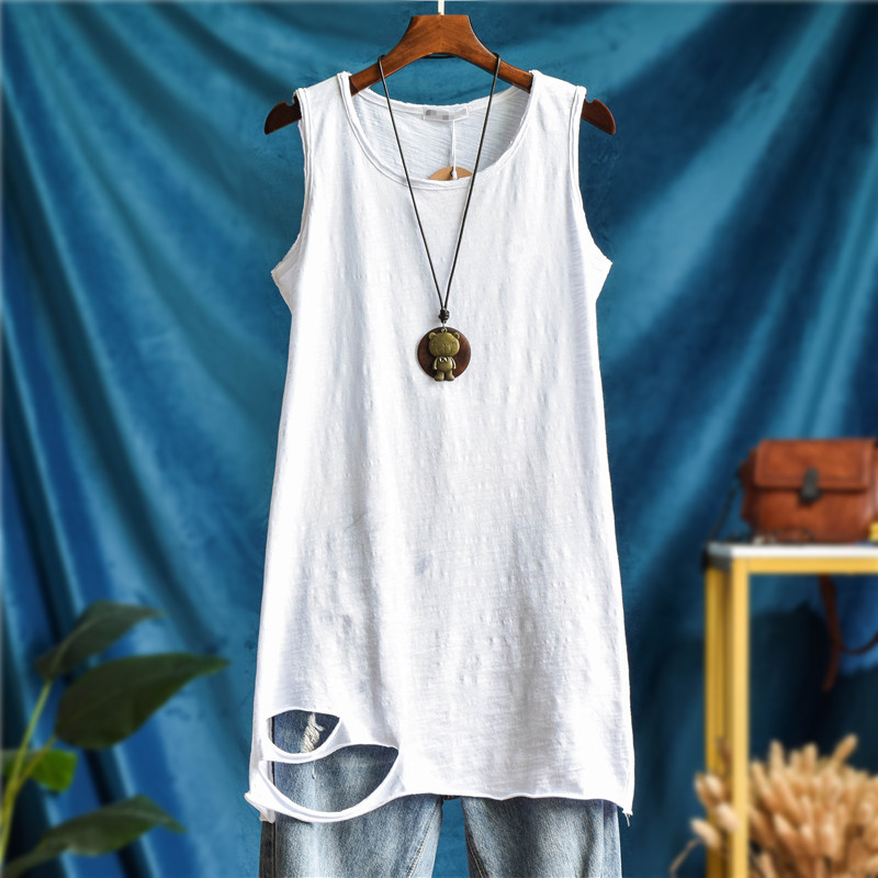 破洞白色中长款纯竹节棉背心女外穿宽松无袖吊带内搭秋冬打底衫潮