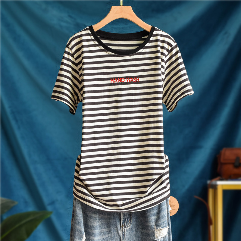 字母刺绣纯棉条纹短袖t恤女夏季韩版百搭宽松显瘦打底衫半袖上衣