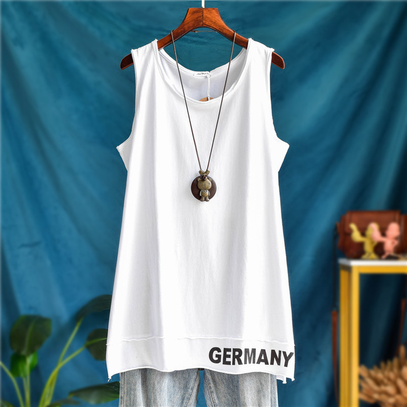 纯棉中长款开叉字母印花背心女外叠穿卫衣无袖吊带宽松内搭打底衫