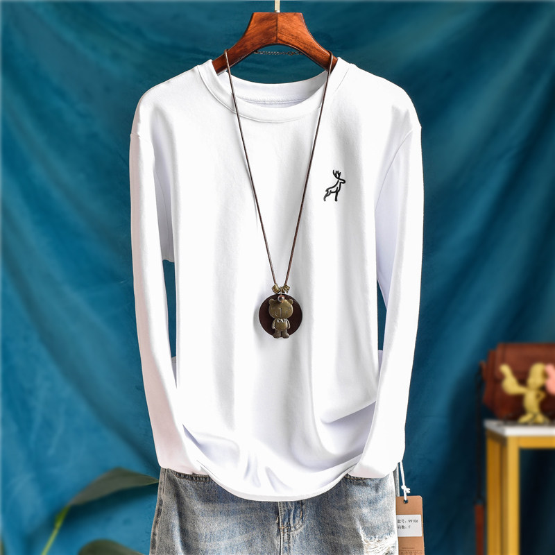 冬装韩版纯棉加绒加厚小鹿刺绣长袖t恤女白色宽松纯色上衣打底衫