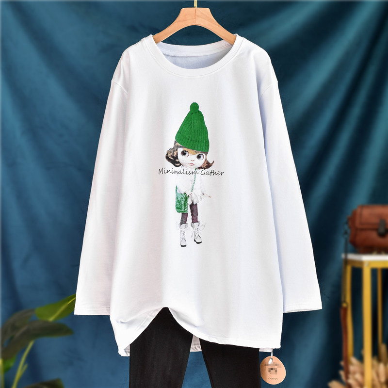 冬季加绒加厚少女印花纯棉长袖t恤中长款大白色宽松打底衫女内搭