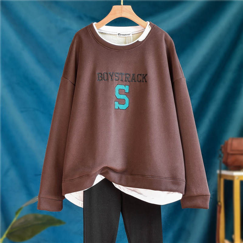 秋冬叠穿加绒加厚字母刺绣韩版宽松套头假两件卫衣百搭长袖T上衣