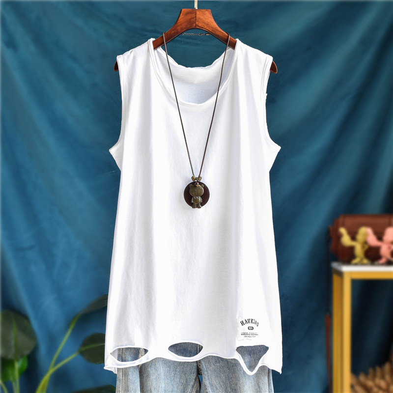 前后破洞中长款宽松大码背心女外穿内搭打底衫露白边卫衣叠穿吊带
