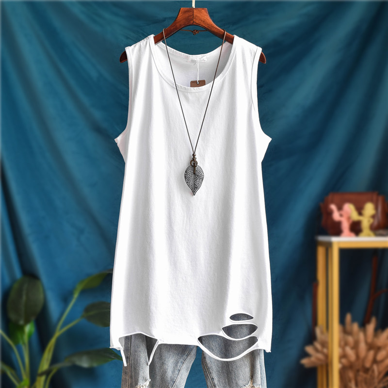 卫衣叠穿纯棉宽松大码中长款破洞无袖背心女内搭春秋打底外穿吊带
