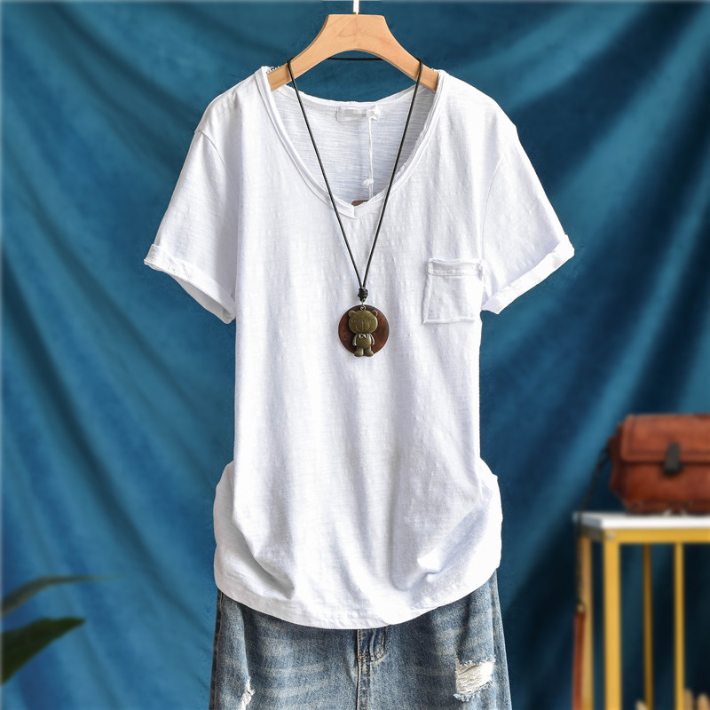 文艺休竹节棉短袖t恤女夏装宽松闲纯棉口袋百搭透纯色V领打底上衣