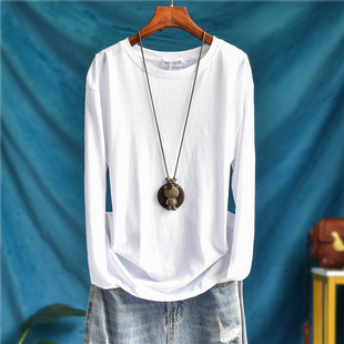 秋冬破边白色柔软纯棉宽松圆领长袖T恤女内搭基础款打底衫上衣潮t