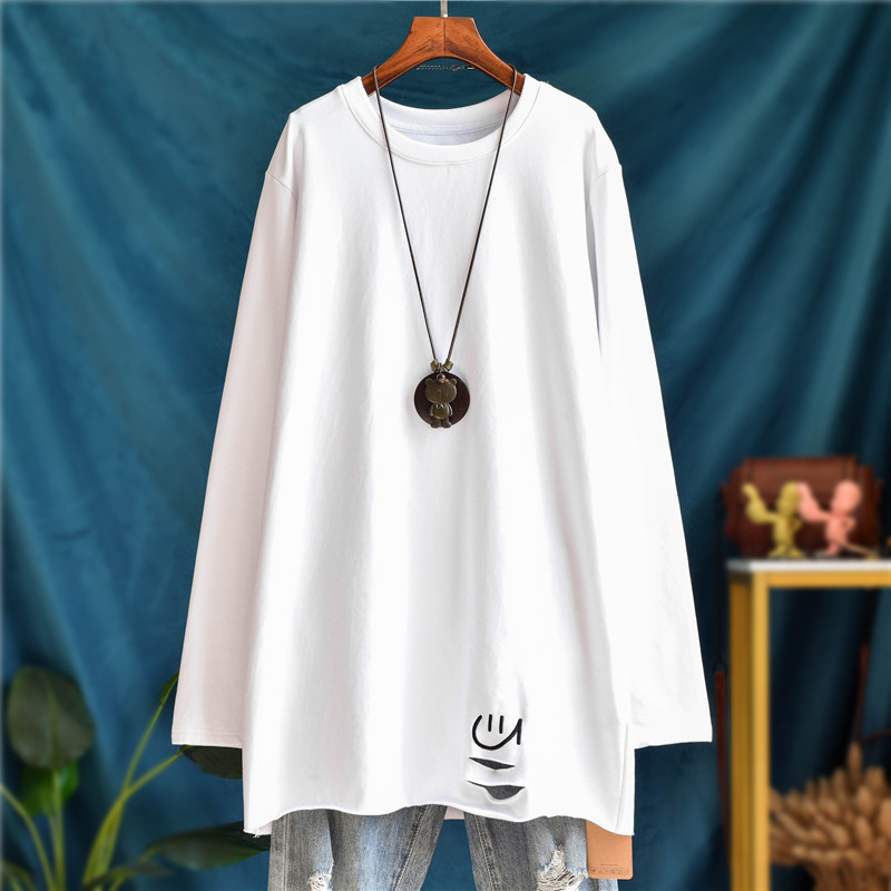 长款秋冬加绒加厚纯棉宽松笑脸刺绣破洞长袖大白色T恤女打底衫潮