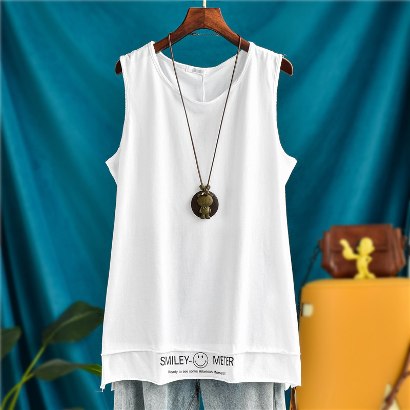开叉中长款字母笑脸印花背心女外叠穿无袖吊带宽松大码内搭打底衫