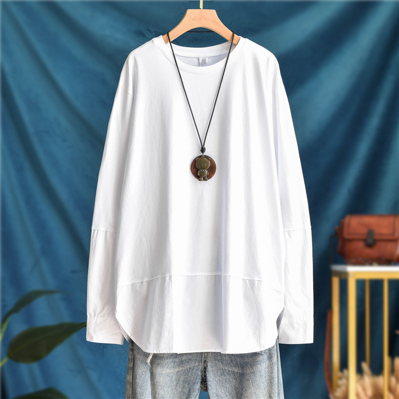 韩版宽松显瘦假两件拼接纯色长袖大白T恤女内搭纯棉中长款打底衫