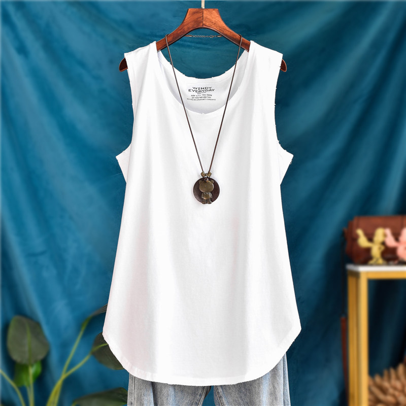 纯棉破洞边中长款背心女外穿春秋叠穿宽松大码无袖打底衫内搭吊带