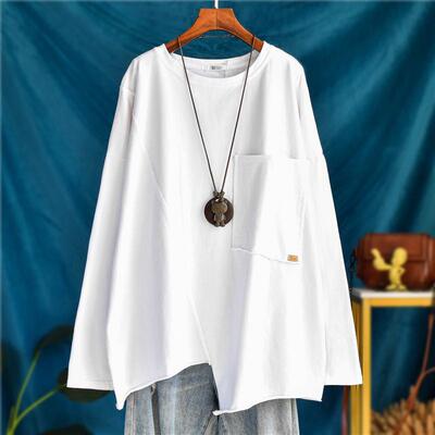 秋冬文艺复古不规则加厚中长款落肩长袖T恤女套头宽松大码打底衫