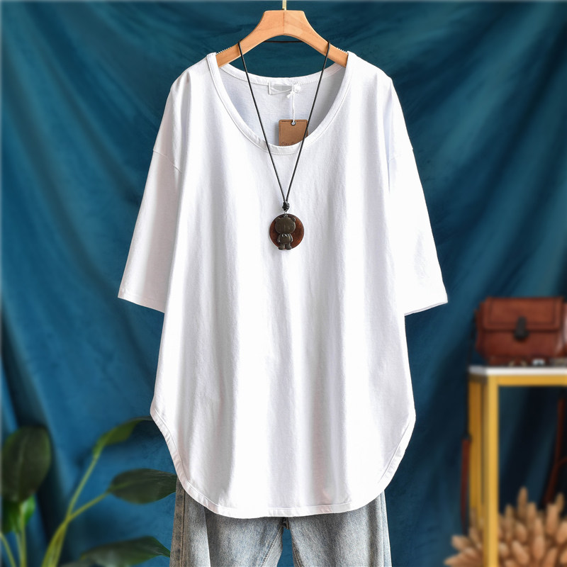 韩版洋气U领宽松显瘦下摆圆弧开叉中长款打底衫纯棉短袖T恤女夏装