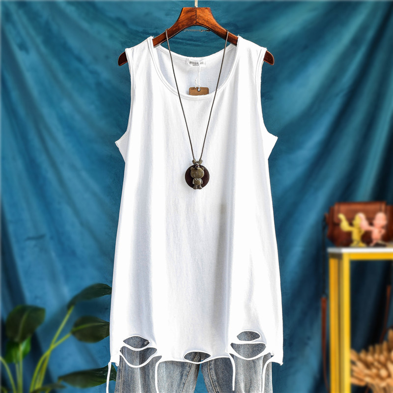 长款叠穿纯棉宽松大码内搭无袖破洞背心女外穿卫衣吊带春秋打底衫