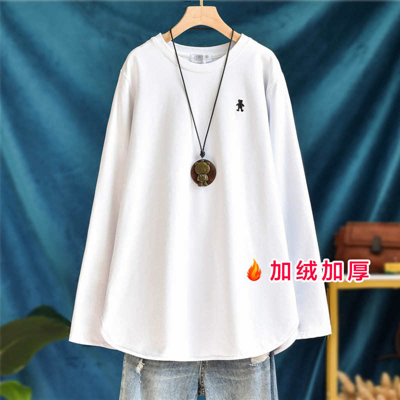 宽松加厚加绒卡通刺绣磨毛纯棉中长款长袖T恤女叠穿秋冬打底上衣
