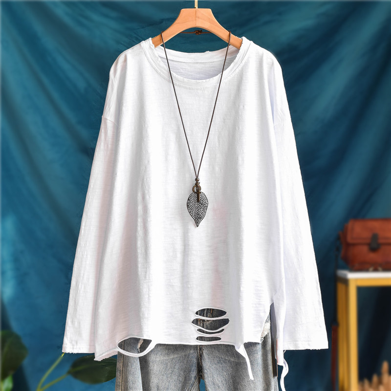 春装复古破洞竹节棉上衣女士时尚破边摆百搭长袖T恤纯色内搭打底