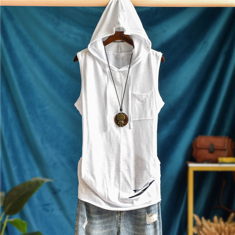 内搭中长款连帽背心女外穿宽松大码破洞竹节纯棉春秋无袖打底帽衫