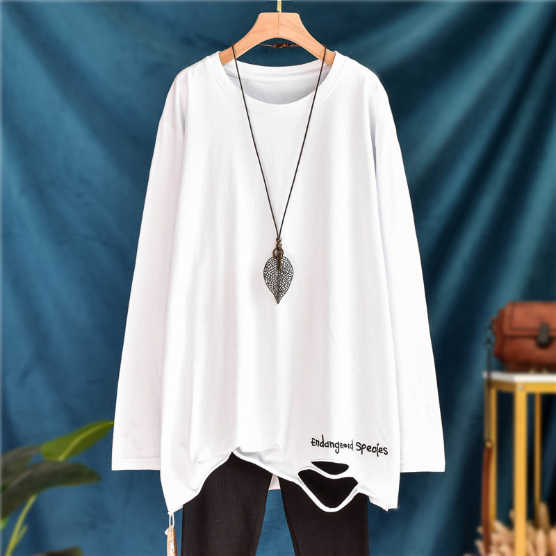 纯棉字母刺绣破洞内搭秋冬长袖大白色t恤女宽松中长款叠穿打底衫