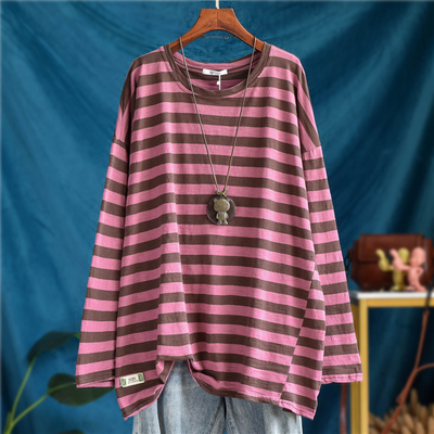 横粗条纹竹节棉长袖T恤女中长款