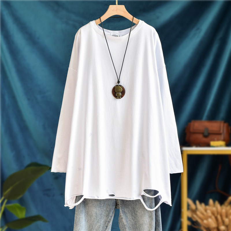 纯棉内搭中长款大白色T恤春秋叠穿打底衫宽松大码破洞长袖上衣潮