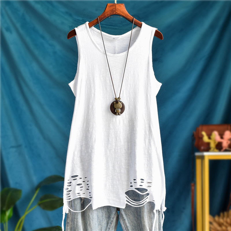 中长款竹节棉宽松大码内搭破洞背心女外穿卫衣叠穿吊带秋冬打底衫