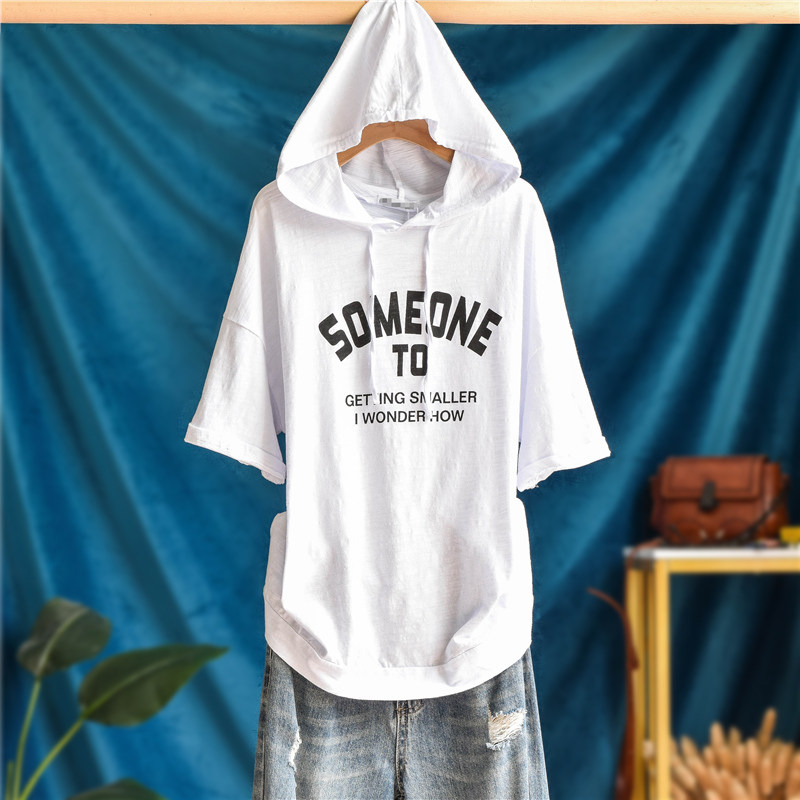 春夏韩版竹节纯棉连帽字母印花短袖T恤女宽松大码白色打底上衣潮