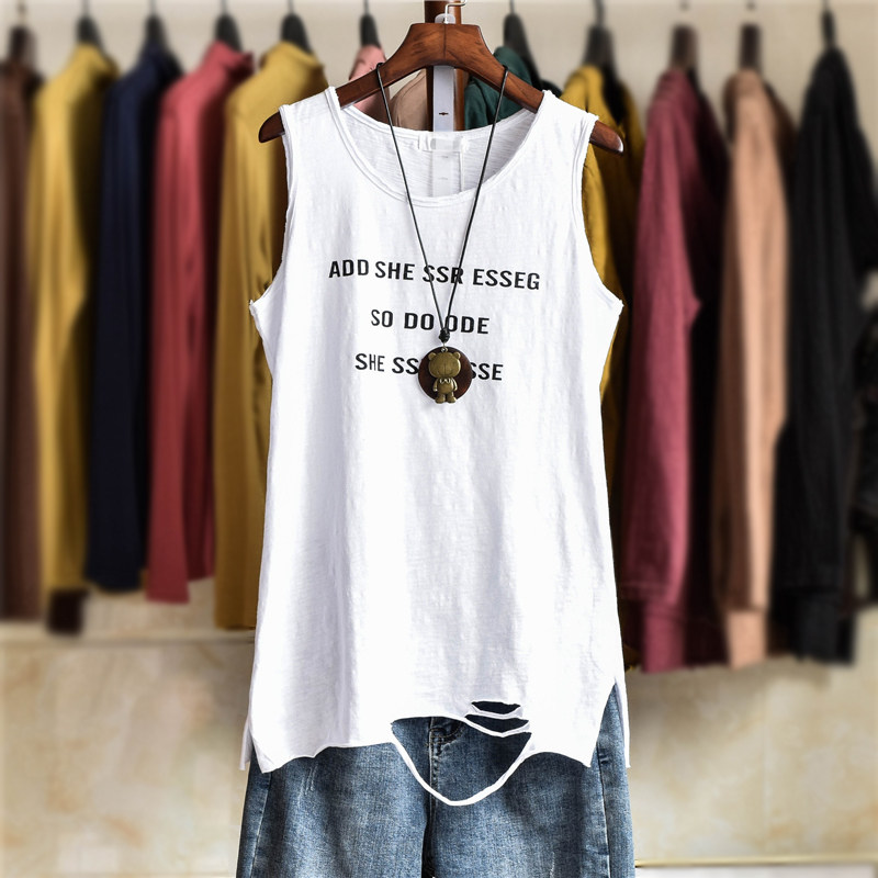 春夏百搭破洞竹节棉字母印花吊带背心无袖女t恤宽松中长款打底衫
