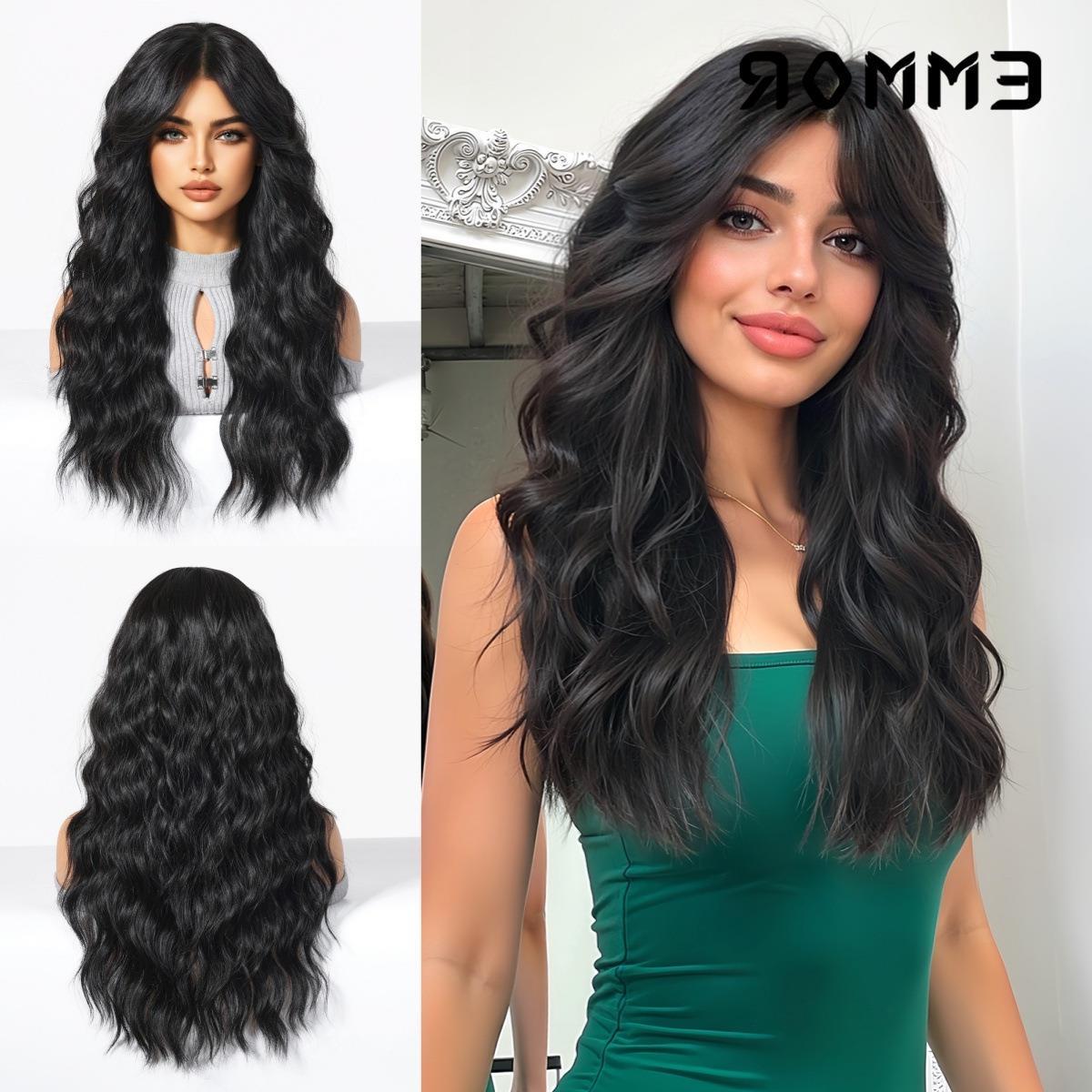 秋冬新品羊毛卷欧美跨境八字刘海黑色长卷发自然时尚假发全头发型
