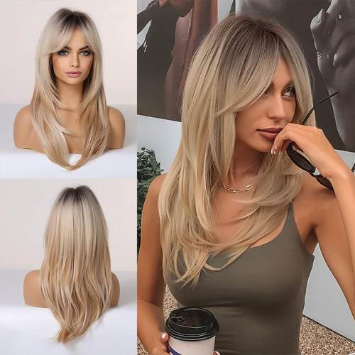 Brown to Blonde Omber Wigs  Synthetic Hair for Women可以烫染