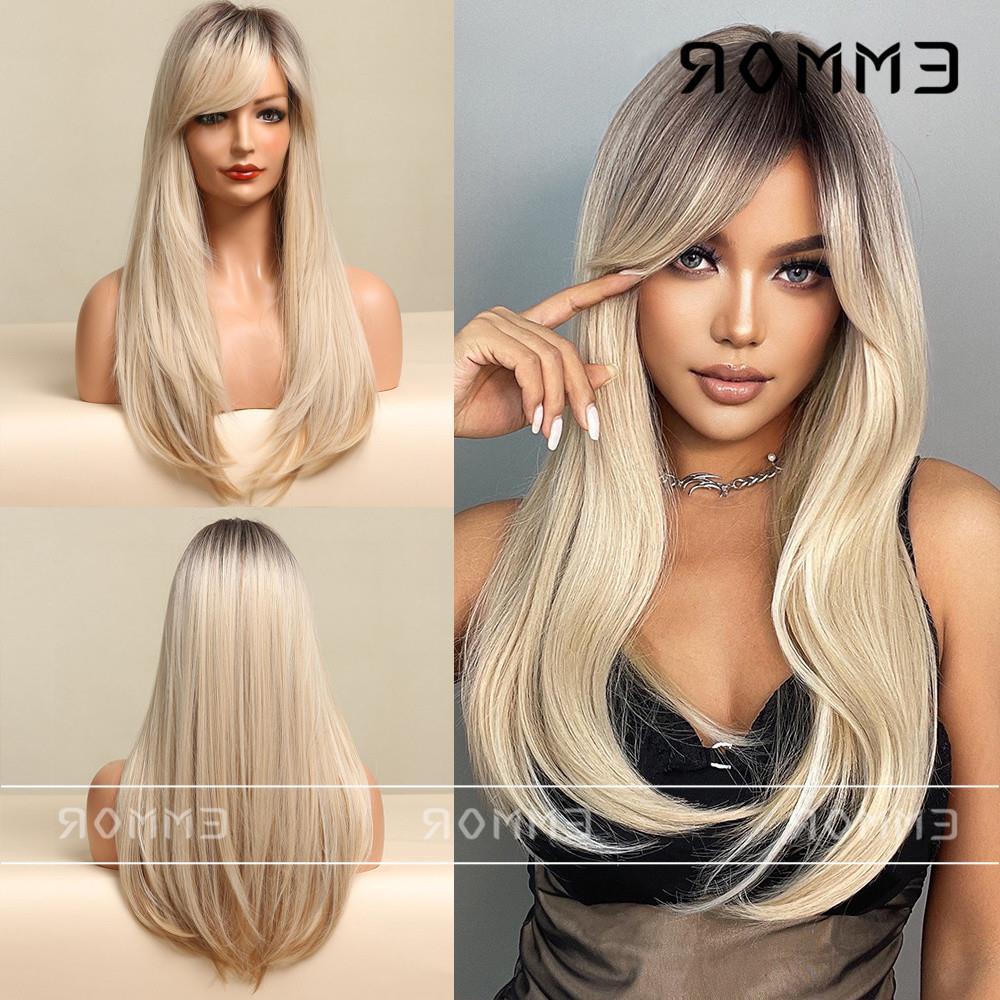 新款热销网红风黑色渐变金色八字刘海发尾卷高温丝欧美假发女头套