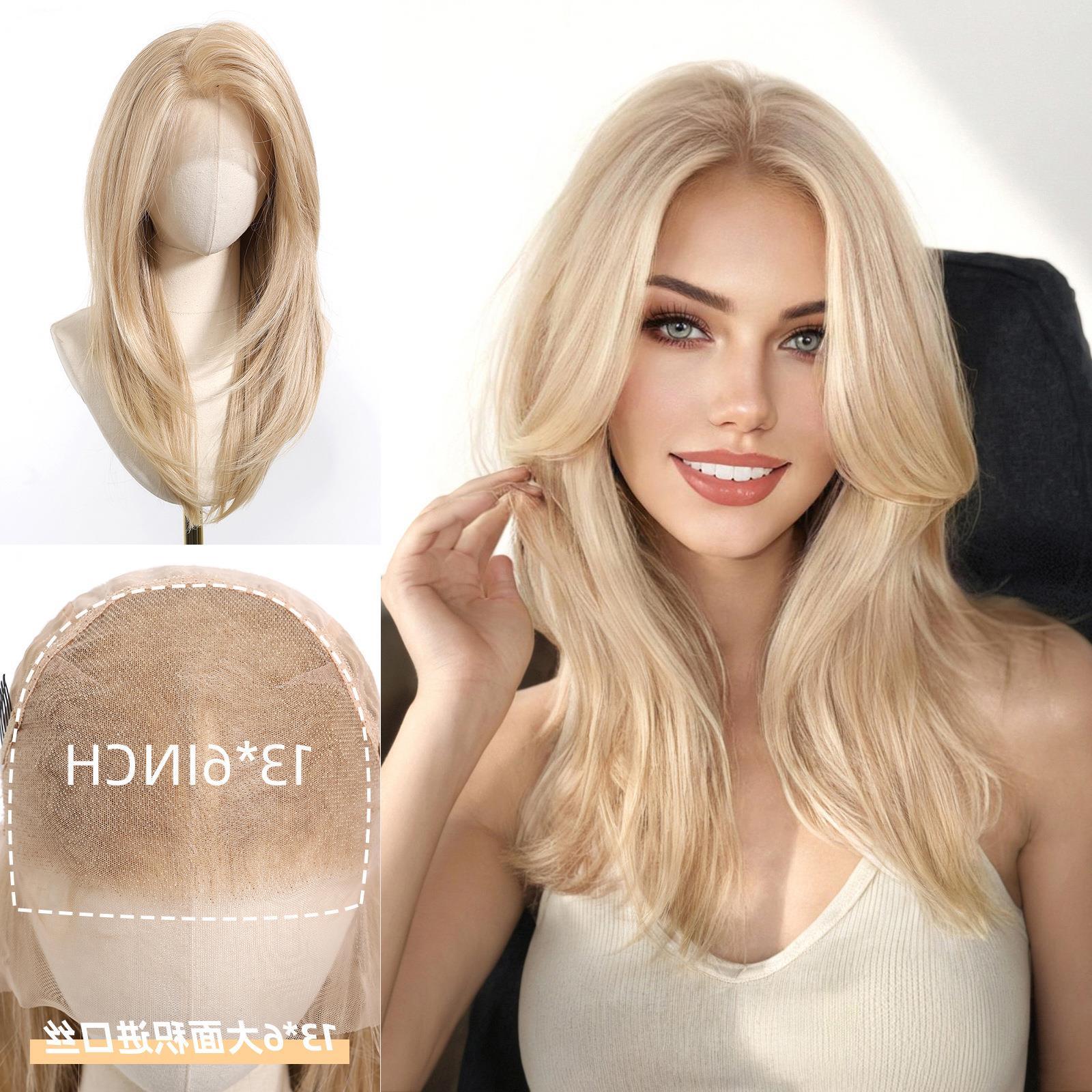 跨境新款假发13*6蕾丝大面积可随意分缝金色中长款全头套工厂现货