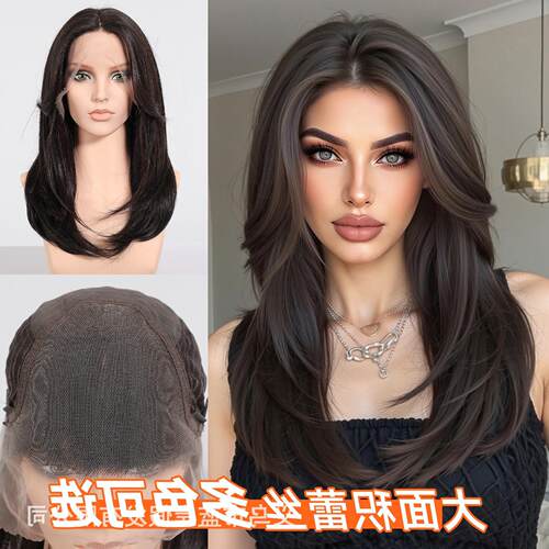 欧美风大面积蕾丝黑棕色假发全头套女随意分缝头皮逼真工厂现货