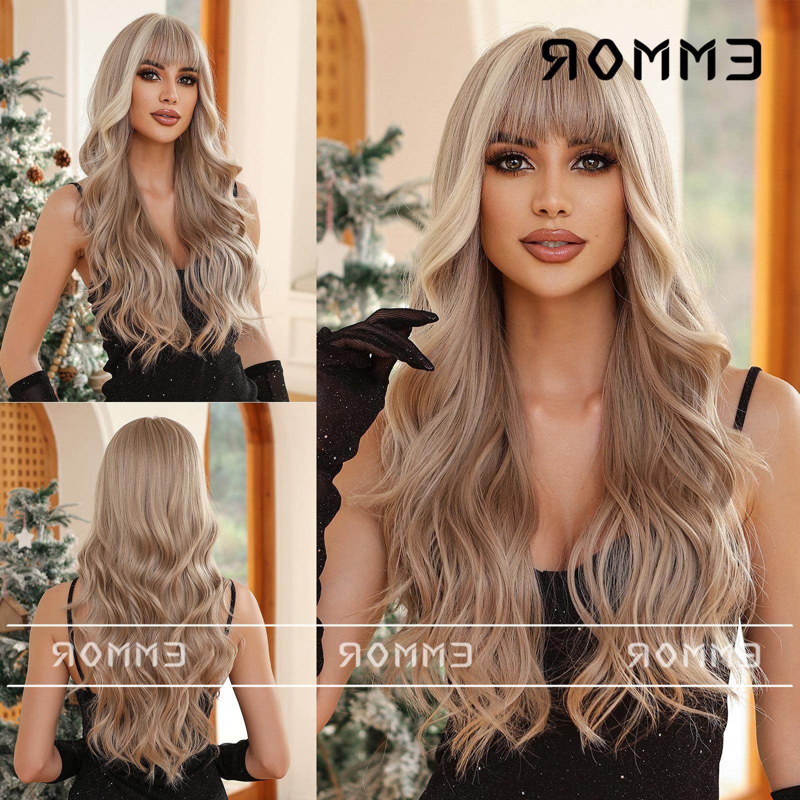 SHEIN跨境热销自然透气挑染浅棕色齐刘海大波浪长卷发假发全头套