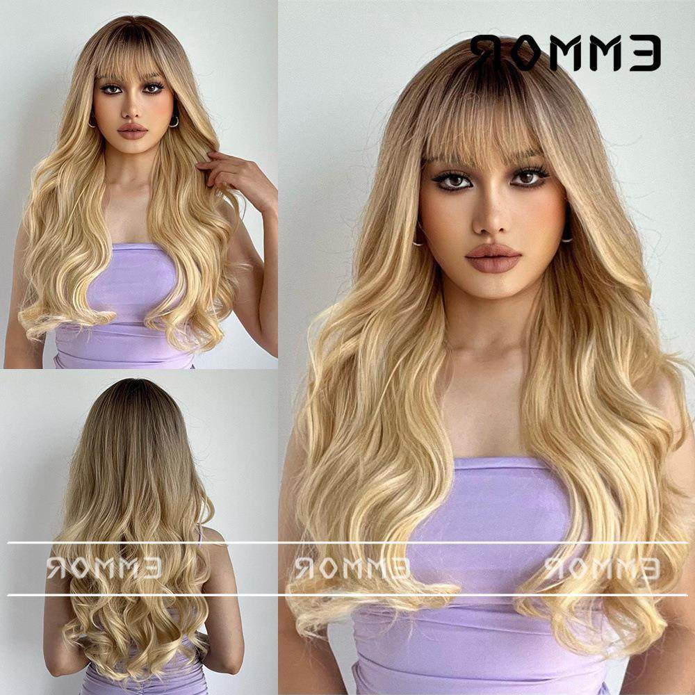 欧美跨境外贸全头套式黑色渐变金色齐刘海长卷发大波浪假发女