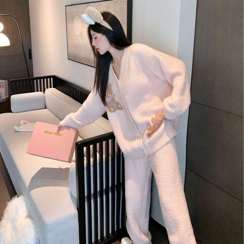 甜美粉色小熊软绵绵睡衣开衫女冬加厚保暖半边绒家居服套装可外穿