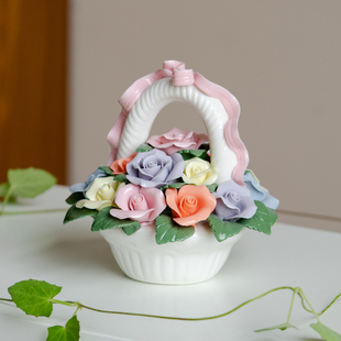 陶瓷手工捏花玫瑰花家居花篮中式书桌面博古架电视柜茶台摆件装饰