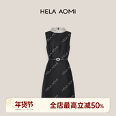 邱莹莹HELA 连衣裙 立体剪裁撞色翻领收腰拼接无袖 AOMI 赫本裙