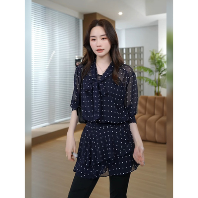 邱莹莹HELA AOMI “减龄波点裙!!”层叠荷叶边收腰复古感衬衫裙